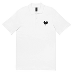 Polo piqué blanc unisexe, vue de face, collection Cœur Tranchant logo noir brodé