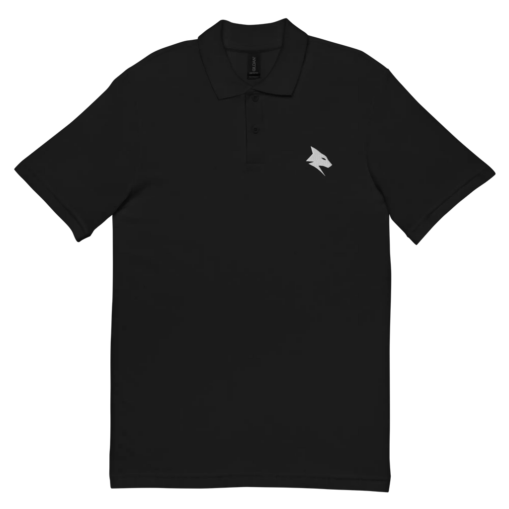 Polo piqué noir unisexe, vue de face, collection Instinct logo blanc brodé